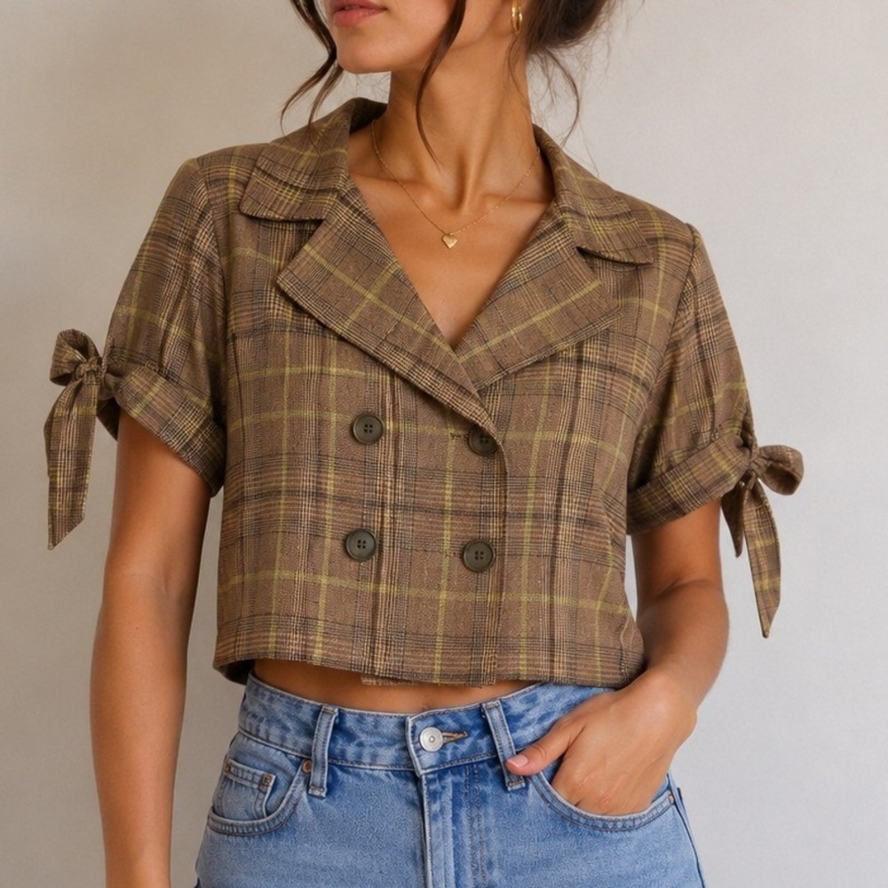 Andrew & Co Plaid Cropped‎ Jacket NWT Brown Academia Preppy Blazer Large